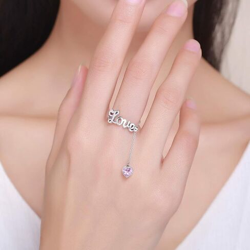 Love Statement Wedding Band Rings Sterling Silver Pink Crystal Cubic Zirconia Adjustable Tassel Link Chain Stackable Eternity Promise Ring Engagement Finger Band Cute Jewelry Gifts for Women Girls in Saudi Arabia