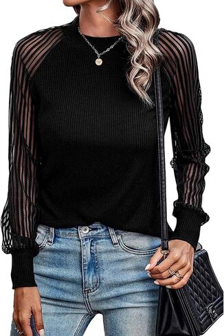 LYANER Women's Crewneck Mesh Lace Long Sleeve Knit Ribbed Top Blouse Sweater in Saudi Arabia