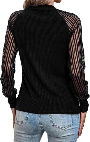LYANER Women's Crewneck Mesh Lace Long Sleeve Knit Ribbed Top Blouse Sweater in Saudi Arabia