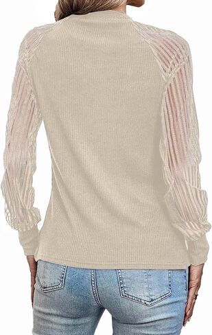 LYANER Women's Crewneck Mesh Lace Long Sleeve Knit Ribbed Top Blouse Sweater in Saudi Arabia
