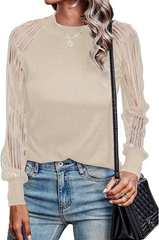 LYANER Women's Crewneck Mesh Lace Long Sleeve Knit Ribbed Top Blouse Sweater in Saudi Arabia