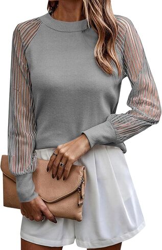 LYANER Women's Crewneck Mesh Lace Long Sleeve Knit Ribbed Top Blouse Sweater in Saudi Arabia