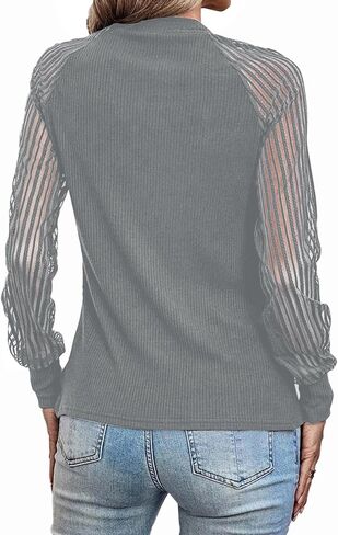 LYANER Women's Crewneck Mesh Lace Long Sleeve Knit Ribbed Top Blouse Sweater in Saudi Arabia
