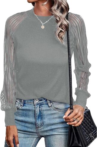 LYANER Women's Crewneck Mesh Lace Long Sleeve Knit Ribbed Top Blouse Sweater in Saudi Arabia