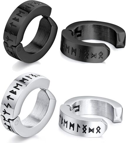 Axbuldo 2 أزواج فايكنغ أقراط للرجال والنساء الفولاذ المقاوم للصدأ Huggie Hoops أقراط تميمة رون الرجال أقراط مجموعة الشرير السائق مجوهرات هدية - Blcak + الفضة in Saudi Arabia