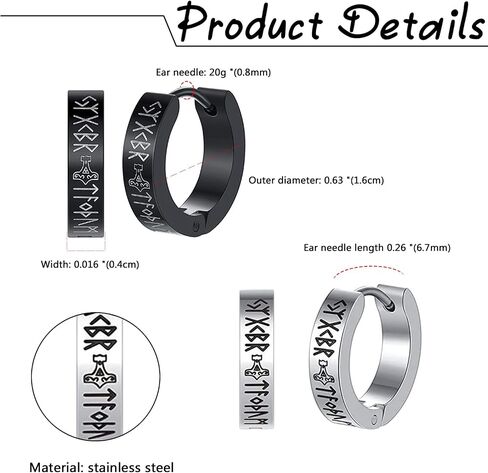 Axbuldo 2 أزواج فايكنغ أقراط للرجال والنساء الفولاذ المقاوم للصدأ Huggie Hoops أقراط تميمة رون الرجال أقراط مجموعة الشرير السائق مجوهرات هدية - Blcak + الفضة in Saudi Arabia