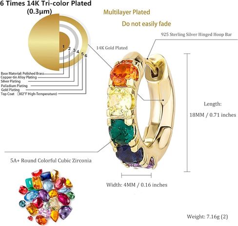 TOPGRILLZ Colorful Hoop Cartilage Earrings 14K Gold Rainbow 5A+ Cubic Zirconia Sparkle Round Circle Hoop Huggie Hypoallergenic Chunky Earrings For Men Women in Kuwait