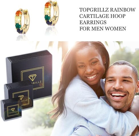 TOPGRILLZ Colorful Hoop Cartilage Earrings 14K Gold Rainbow 5A+ Cubic Zirconia Sparkle Round Circle Hoop Huggie Hypoallergenic Chunky Earrings For Men Women in Kuwait
