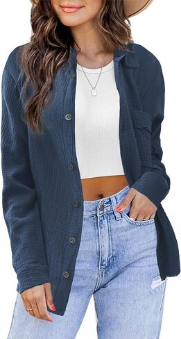 iGENJUN قمصان نسائية طويلة الأكمام بأزرار من الكتان من الفلانيل للنساء وسترة نسائية موضة خريف 2023 in Kuwait