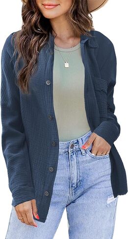 iGENJUN قمصان نسائية طويلة الأكمام بأزرار من الكتان من الفلانيل للنساء وسترة نسائية موضة خريف 2023 in Kuwait