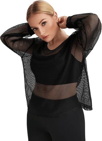 OYOANGLE Women's Plus Size Long Sleeve Sweatshirts Fishnet Mesh See Through Workout Tops Hoodies in Saudi Arabia