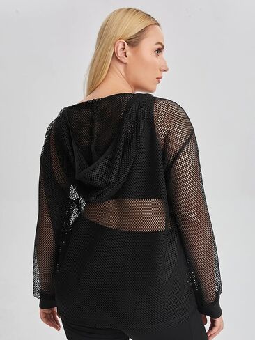 OYOANGLE Women's Plus Size Long Sleeve Sweatshirts Fishnet Mesh See Through Workout Tops Hoodies in Saudi Arabia