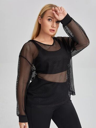 OYOANGLE Women's Plus Size Long Sleeve Sweatshirts Fishnet Mesh See Through Workout Tops Hoodies in Saudi Arabia