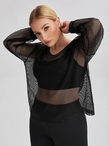 OYOANGLE Women's Plus Size Long Sleeve Sweatshirts Fishnet Mesh See Through Workout Tops Hoodies in Saudi Arabia