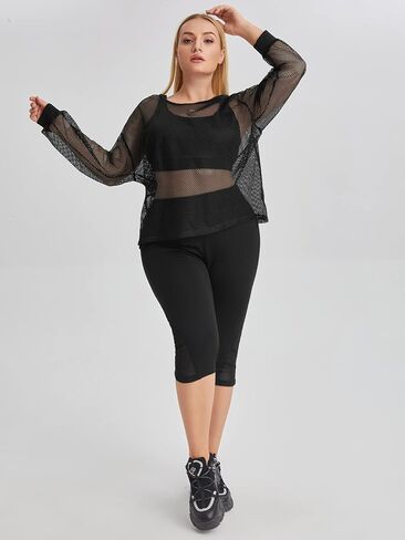OYOANGLE Women's Plus Size Long Sleeve Sweatshirts Fishnet Mesh See Through Workout Tops Hoodies in Saudi Arabia