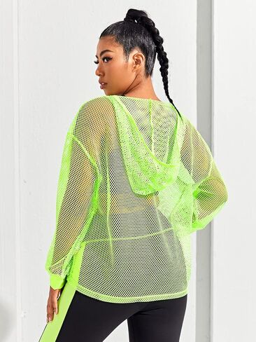 OYOANGLE Women's Plus Size Long Sleeve Sweatshirts Fishnet Mesh See Through Workout Tops Hoodies in Saudi Arabia