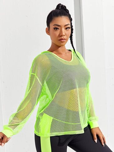 OYOANGLE Women's Plus Size Long Sleeve Sweatshirts Fishnet Mesh See Through Workout Tops Hoodies in Saudi Arabia