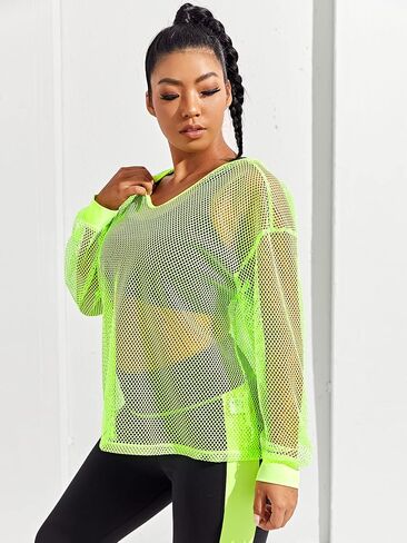 OYOANGLE Women's Plus Size Long Sleeve Sweatshirts Fishnet Mesh See Through Workout Tops Hoodies in Saudi Arabia