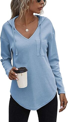 LYANER Women's Fashion V Neck Long Sleeve Waffle Hoodies Sweatshirt with Pocket in Saudi Arabia