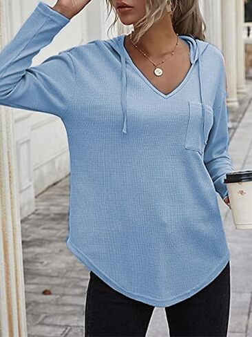LYANER Women's Fashion V Neck Long Sleeve Waffle Hoodies Sweatshirt with Pocket in Saudi Arabia