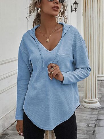 LYANER Women's Fashion V Neck Long Sleeve Waffle Hoodies Sweatshirt with Pocket in Saudi Arabia