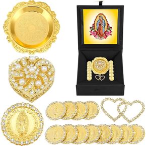 Wedding Arras Coins Set Arras Para Boda Catolica Decoracion Heart Shaped Box 13 Virgen of Guadalupe Coins Virgen De Guadalupe Gift Box Arras De Boda Cristiana Wedding Accessories (Gold)