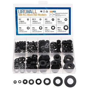 500Pcs Nylon Flat Washer Assortment Set, Washers Metric Sealing Spacer Gasket Ring Washers Set, 8 Sizes - M2, M2.5, M3, M4, M5, M6, M8, M10 (Black)