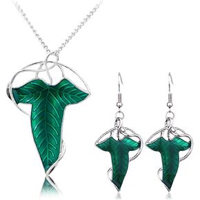 Lord Of The Rings Elven Green Leaf Earrings and Necklace for Woman
