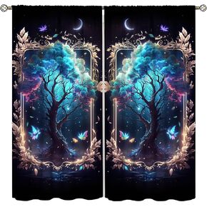 Tree Curtains Sun and Moon Fantasy Decor Curtains for Kids Boys Girls, Galaxy Window Curtains Glitter Stars Window Drapes Colorful Bedroom Decor 31.5'' Wx72 L x2【Decor】