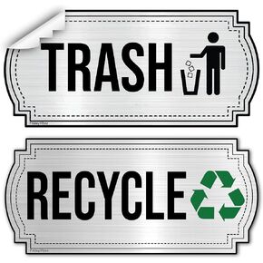 Recycle and Trash Stickers for Kitchen Trash Cans and Recycling Bins, Indoor Trash and Recycle Sticker Combo for Garbage Can Logo Symbol, 2 Silver Decals, 6.5" x 3" Elegant Style with Split-back