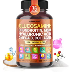 Glucosamine Supplement- 12-in-1 Natural Blend with Chondroitin sulfate Hyaluronic Acid Methylsulfonylmethane Turmeric Ginger Vitamin C, D3-150 count - Made & Tested in The USA