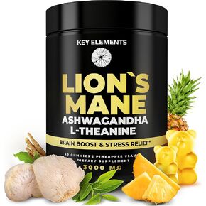 High Strength Extract Organic Lion's Mane Mushroom Gummies with Ashwagandha & L-Theanine - Potent Lion's Mane Brain Supplements for Memory & Relaxation - Mushroom Gummies for Focus 3000 Mg