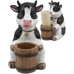 Ebros Country Farm Bovine Cow With Bell Collar Holding A Wooden Barrel Decorative Toothpick Holder Statue With Toothpicks 4"Tall Starter Kit Cattle Animal Figurine Collectible Kitchen Decor