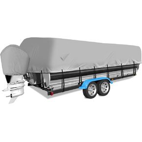Pontoon Boat Cover, 600D Waterproof Pontoon Boat Cover with Motor Cover, Heavy Duty Waterproof Marine Grade Canvas, Deck Boat Cover, 21-24 FT, Gray