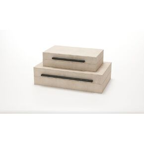 Sagala Set of 2 Ivory Shagreen Decorative Boxes With Black Metal Handles, Faux Leather Jewelry Boxes Modern Storage Boxes Photo Boxes Memory Boxes Home Organizer Box(Ivory), 14.2x8.6x3.5cm