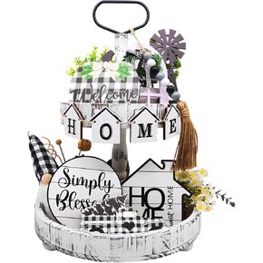 14Pcs Farmhouse Tiered Tray Decor Set, Charming Buffalo Plaid Style with Cute Gnome and Wood Bead, Great for Home and Kitchen Tabletop Decor. (Buffalo Plaid)