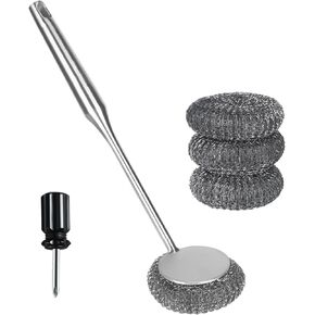 Stainless Steel Long-Handled Steel Wool Brush, Grill Brush Bristle Free with Replaceable Brush Heads,Metal Scrubbers for Cleaning Dishes，Dish Scrubber with Handle