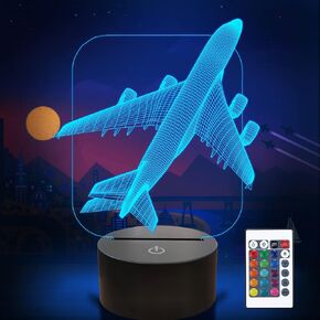 FULLOSUN Aircraft Airplane 3D Night Light Kids Bedside Lamp 16 Colors Changing with Remote Control Xmas Halloween Birthday Gift for Child Baby Boy