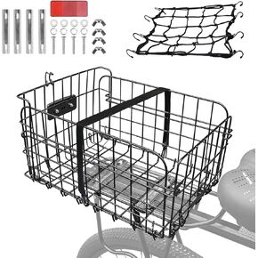 Folding Rear Bike Basket, Quickly Detachable Metal Bicycle Rack Cargo Basket with Strap & Reflective Tail Light for Most Mounted Bike Racks