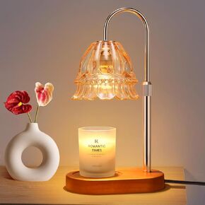 Candle Warmer Lamp with Timer/ Dimmer/ 2 Bulbs, Height & Brightness Adjustable, Wood Base Electric Wax Melter Lamp for Jar Candles, Vintage Home Decor Lamp, House Warming Gifts for Women (Flower)