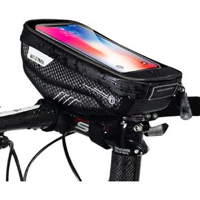 Bike Handlebar Bag, Waterproof Bicycle Frame Handlebar Bag Accessories Cycling Front Top Tube Pouch Pannier Bike Phone Mount Holder Stand for iPhone 15 14 13 12 11 Pro MAX XS XR Smartphone up to 6.7''