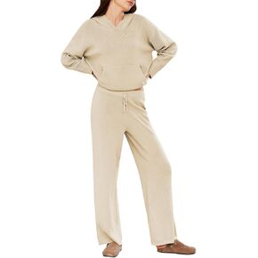 Viottiset Women's 2 Piece Outfits Sweater Set Long Sleeve Hoodies With Pocket Wide Leg Pants Lounge Sets Tracksuit