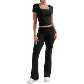YEOREO Women Two Piece Lounge Set Outfits Short Sleeve Foldover Top Flare Pants Tracksuit Casual Sets Erna