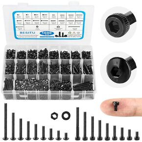 1600Pcs M3 Screw Kit, 12.9 Grade Alloy Steel Hex Socket Button & Cap Head Metric Screw Assortment M3 Bolts and Nuts Washers Kit Black Small Machine Screw Set for 3D Printing
