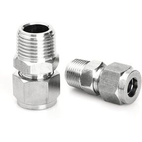 304 Stainless Steel Compression Fitting 3/8" Tube OD x 1/8" NPT Male Coupler Straight Adapter Connect with Double Ferrules Pack of 2