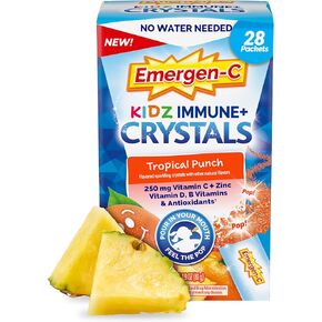 Emergen-C Kidz Immune Plus Crystals, On-The-Go Immune Support Supplement with Vitamin C, Vitamin D, B Vitamins, Zinc and Manganese, Tropical Punch - 28 Stick Packs