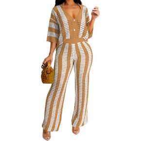 Alunzoem Crochet Sets Two Piece Women Knit Color Block Half Sleeve Button Shirt Long Pants Beach Vacation Cover Up Set