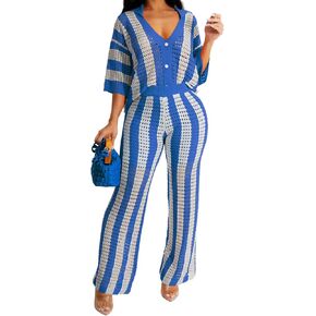 Alunzoem Crochet Sets Two Piece Women Knit Color Block Half Sleeve Button Shirt Long Pants Beach Vacation Cover Up Set