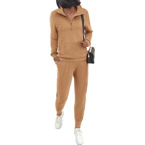 BTFBM Womens Sweatsuits 2 Piece Set Quilted Quarter Zip Pullover Jogger Sweatpants Tracksuit Fall Matching Lounge Sets