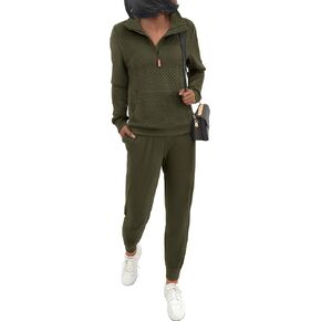 BTFBM Womens Sweatsuits 2 Piece Set Quilted Quarter Zip Pullover Jogger Sweatpants Tracksuit Fall Matching Lounge Sets
